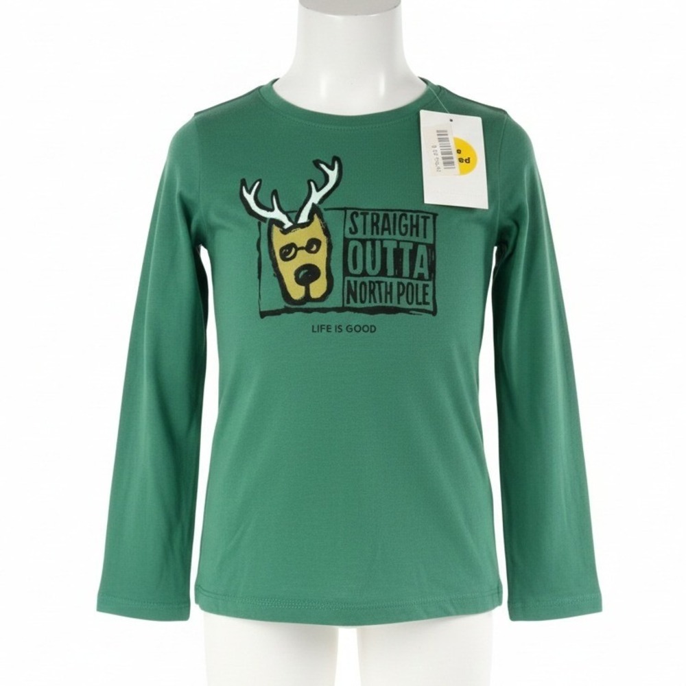 Life is Good Girls Green Reindeer Long Sleeve Graphic Tee Shirt North‎ Pole M